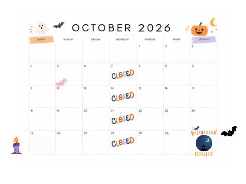 ミナピエノ2026年10月営業カレンダー|毎週水曜定休・10月31日はハロウィンナイトで20時まで営業